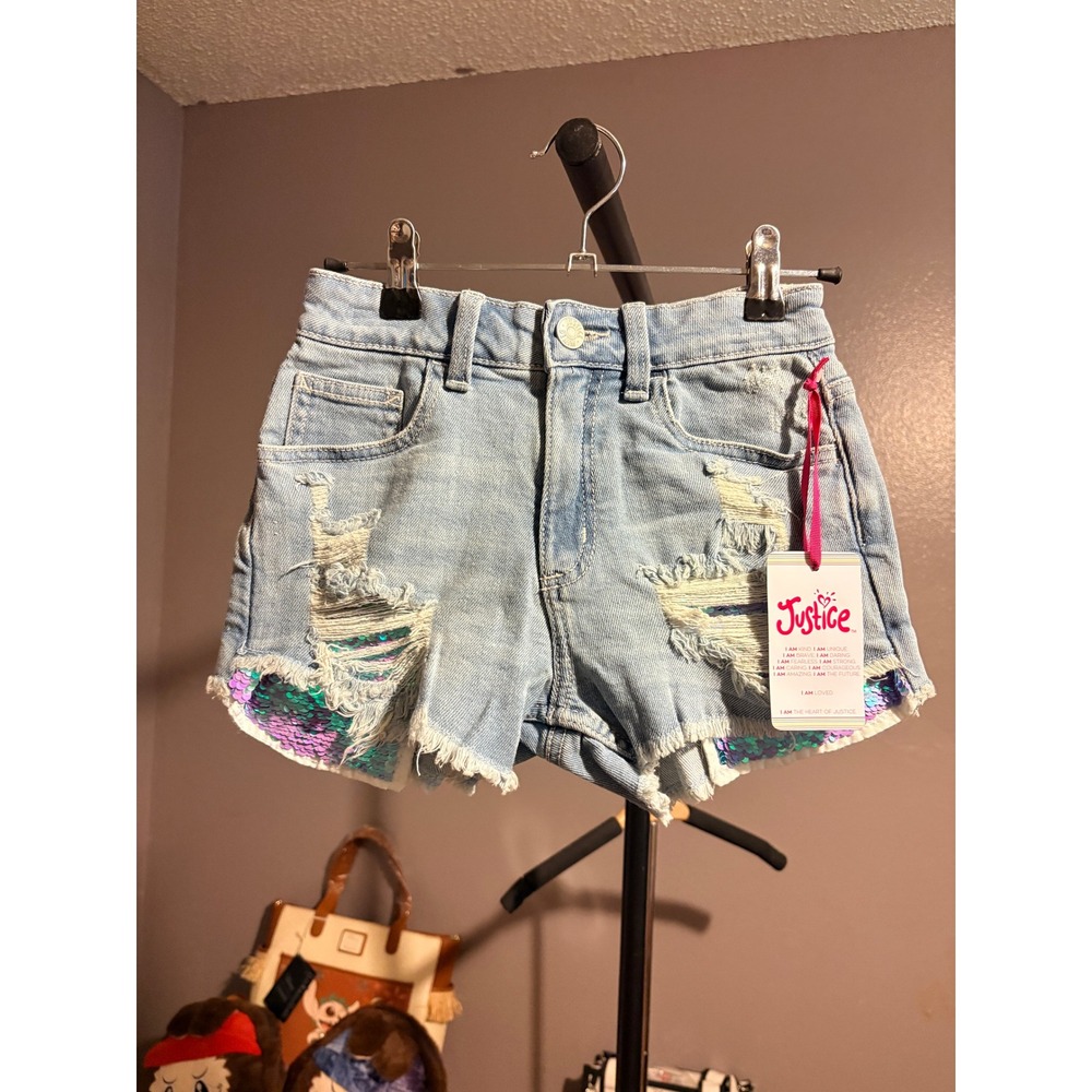 Justice Girls Denim Mini Mom Shorts Light Wash Distressed Sequin Size 10 NEW